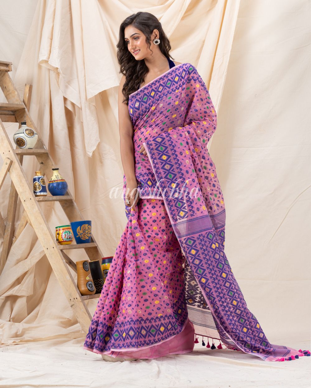 Traditional Pink Soft Dhakai Jamdani Saree angoshobha