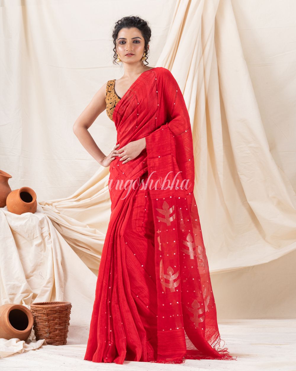 Traditional Red Matka Silk Soft Sequin Jamdani Saree angoshobha