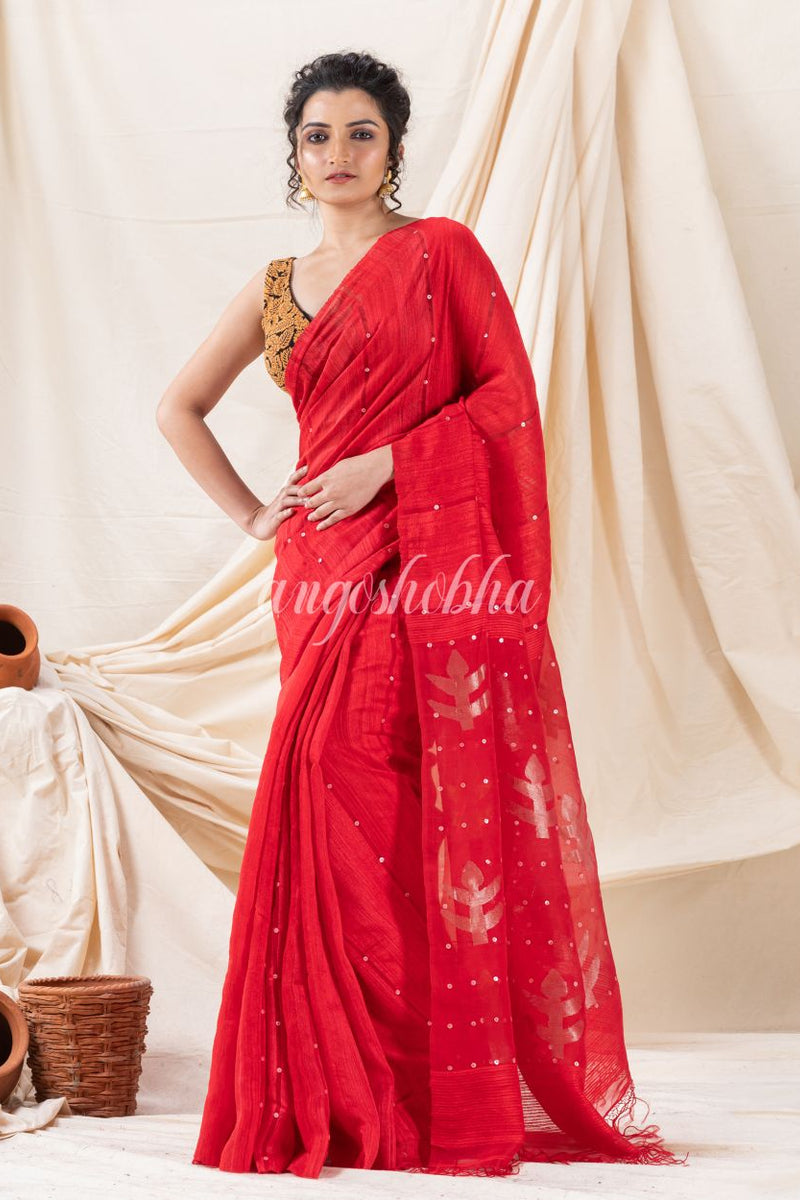 Traditional Red Matka Silk Soft Sequin Jamdani Saree