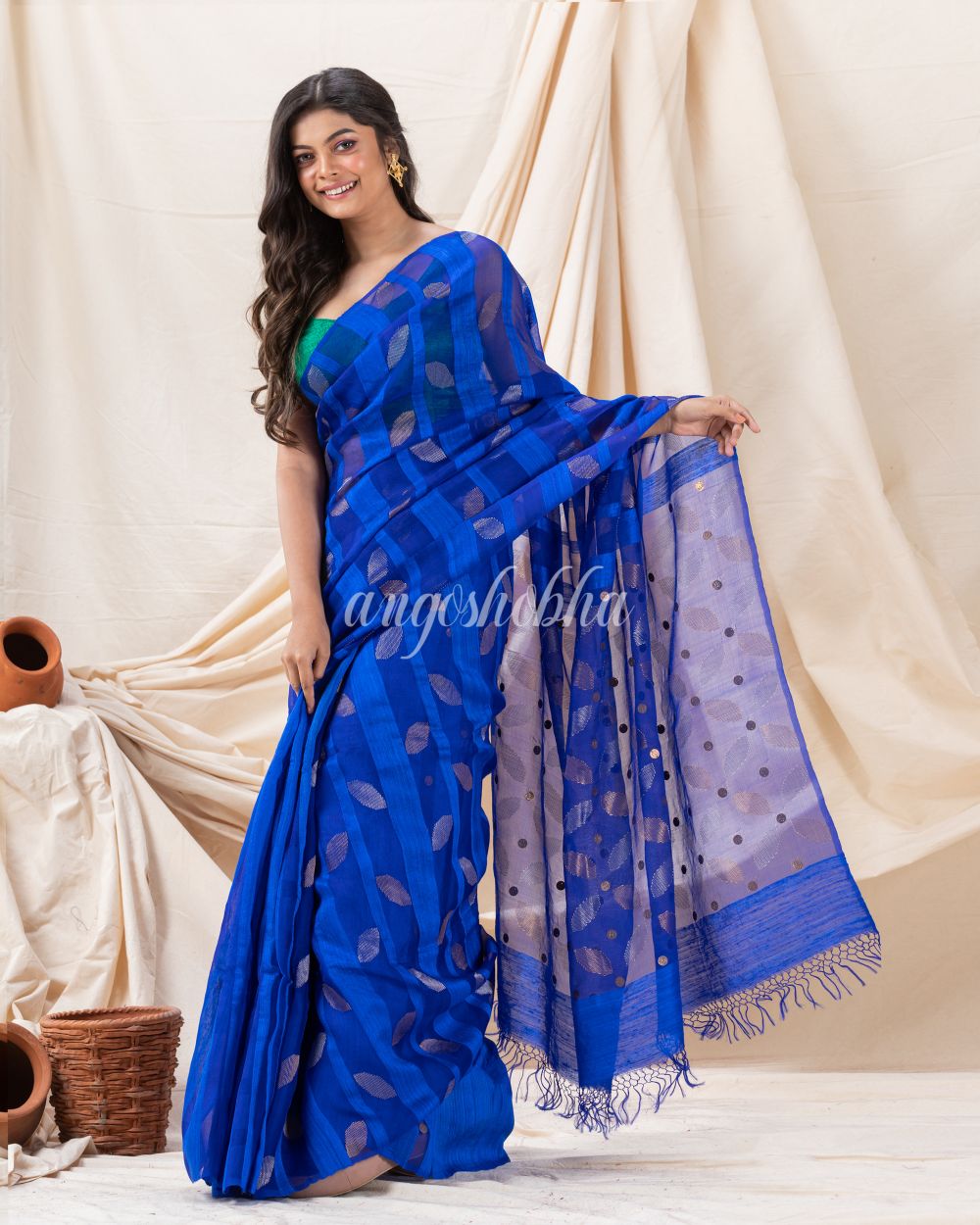 Traditional Royel Blue Motka Silk Soft Sequin Jamdani Saree angoshobha