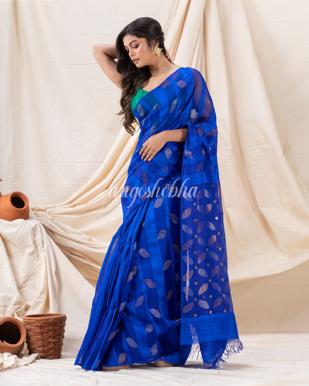 Traditional Royel Blue Motka Silk Soft Sequin Jamdani Saree angoshobha