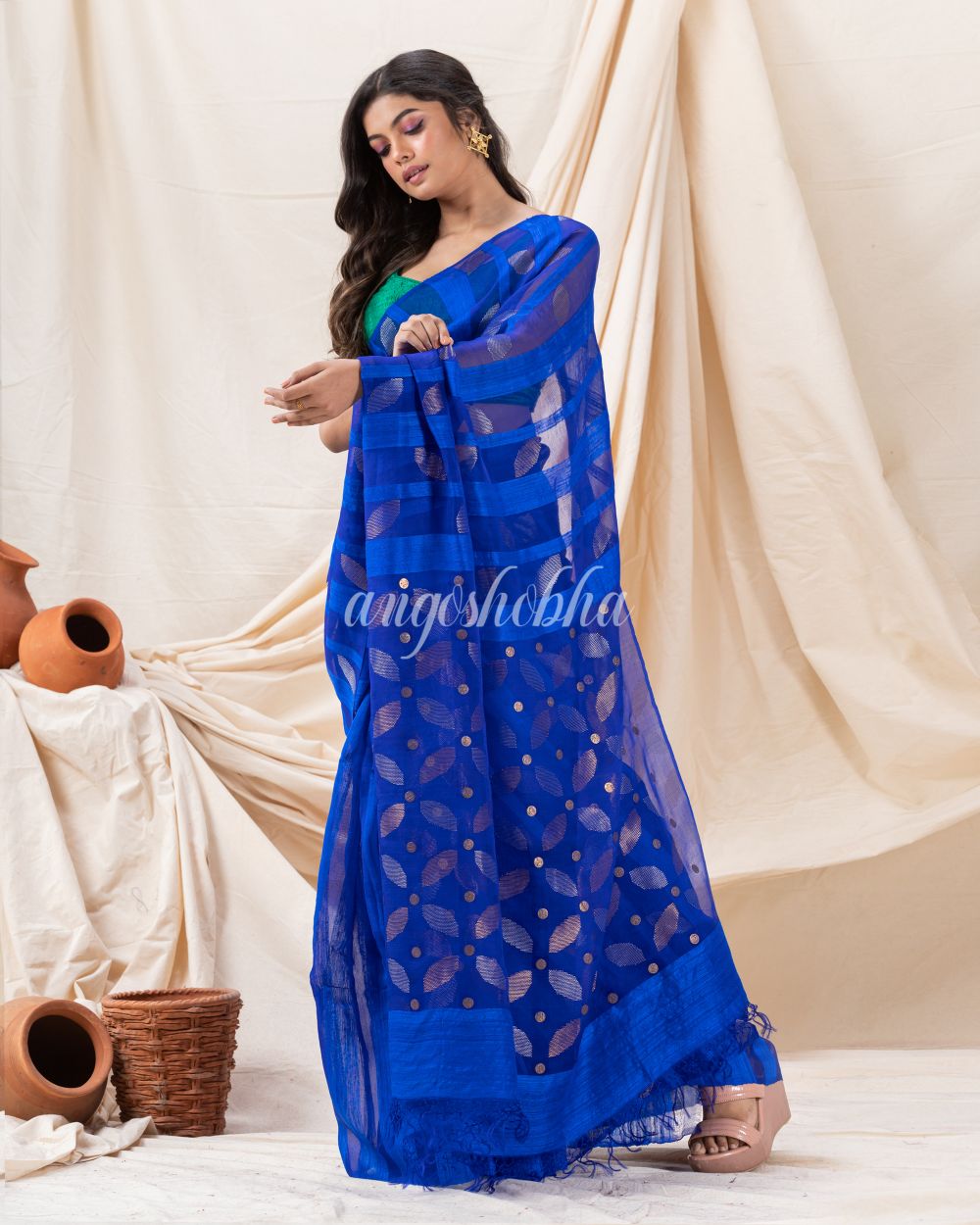 Traditional Royel Blue Motka Silk Soft Sequin Jamdani Saree angoshobha