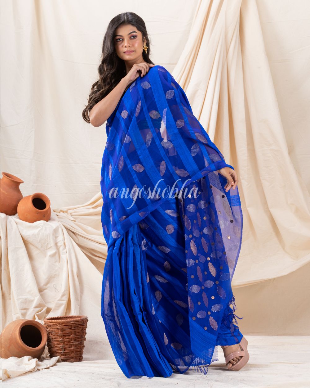 Traditional Royel Blue Motka Silk Soft Sequin Jamdani Saree angoshobha