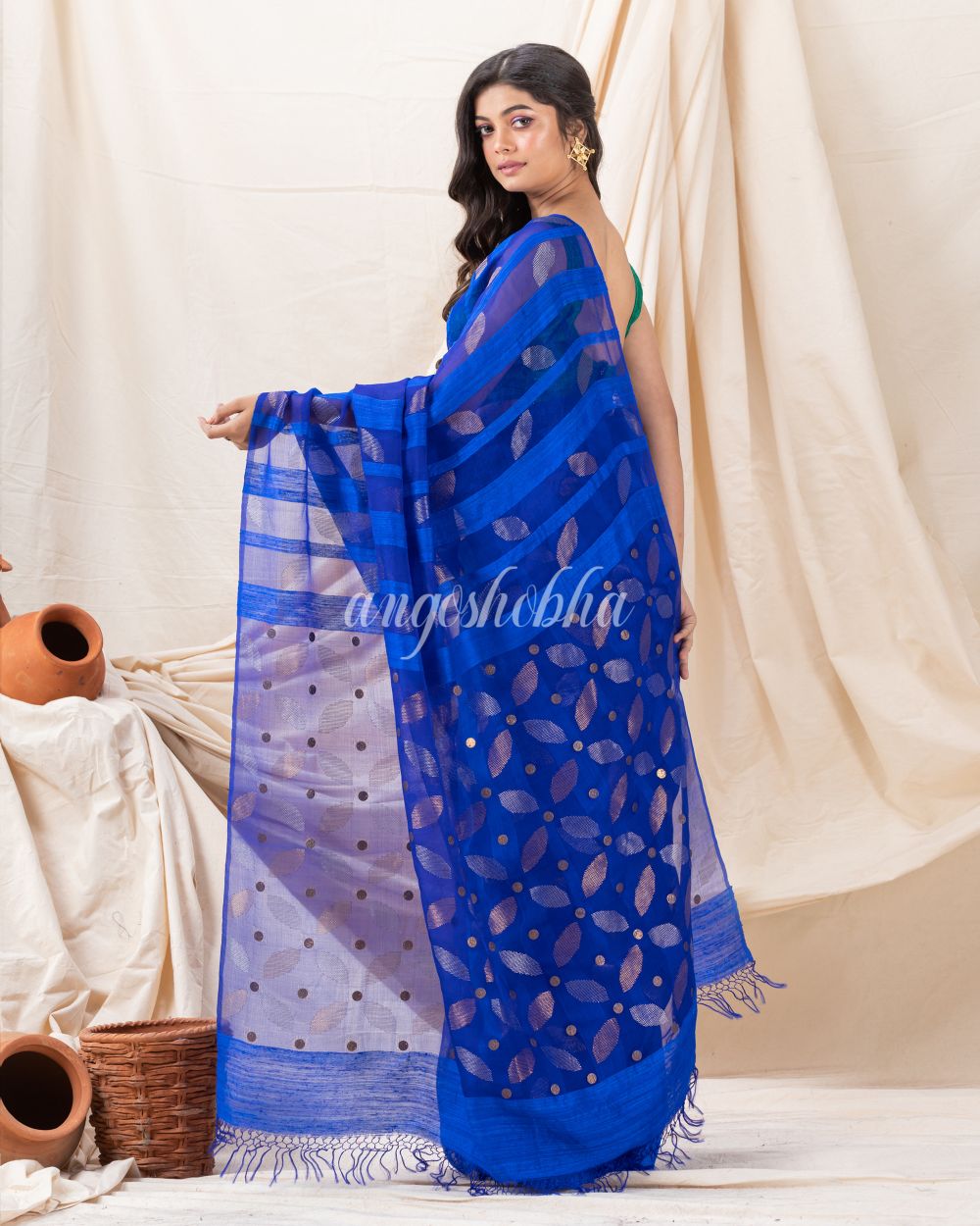 Traditional Royel Blue Motka Silk Soft Sequin Jamdani Saree angoshobha
