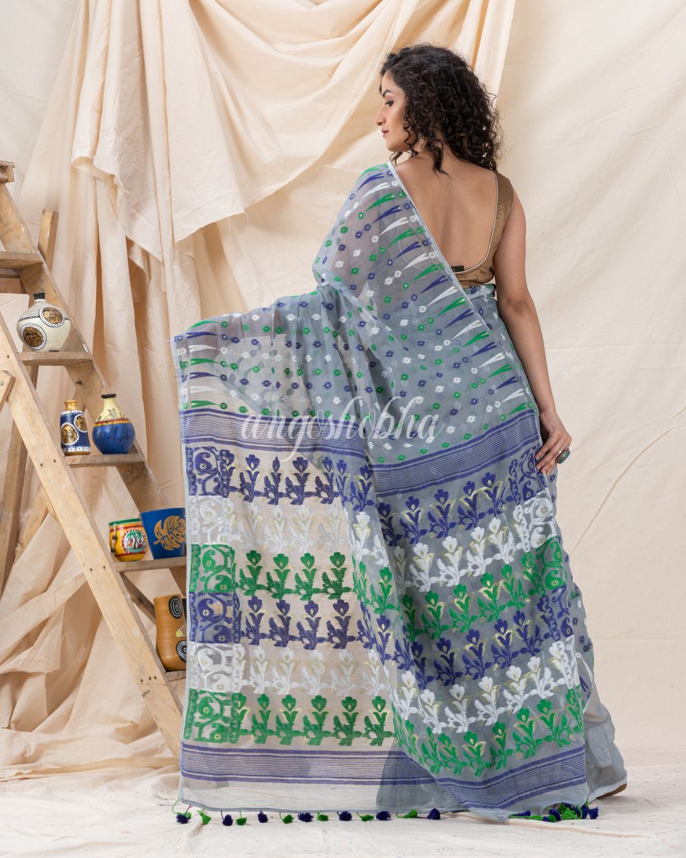 Traditional Silver Grey Soft Dhakai Jamdani Saree angoshobha