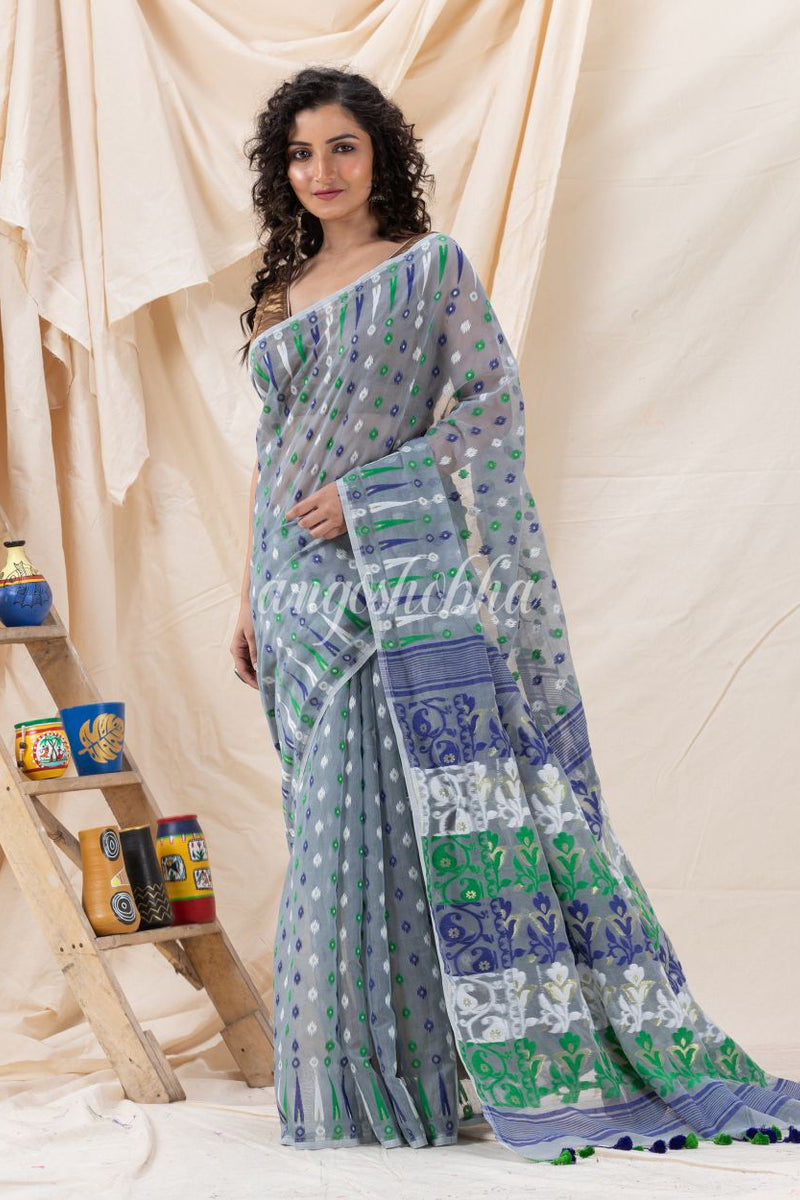 Traditional Silver Grey Soft Dhakai Jamdani Saree