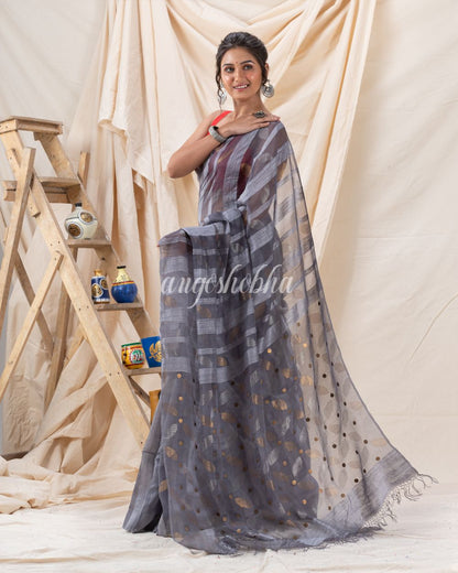 Traditional Silver Grey Soft Matka Silk Jamdani Saree angoshobha