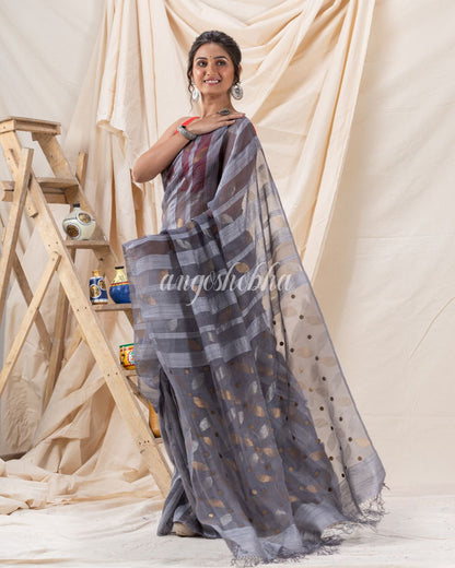 Traditional Silver Grey Soft Matka Silk Jamdani Saree angoshobha