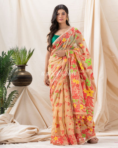 Traditional Tan Cotton Blend Soft Dhakai Jamdani Saree angoshobha