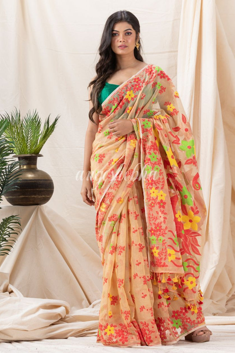 Traditional Tan Cotton Blend Soft Dhakai Jamdani Saree