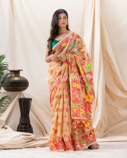 Traditional Tan Cotton Blend Soft Dhakai Jamdani Saree angoshobha