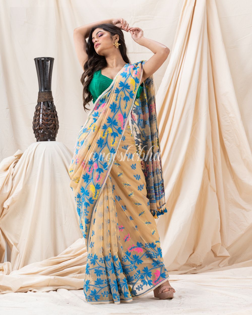 Traditional Tan Creeper Soft Dhakai Jamdani Saree angoshobha