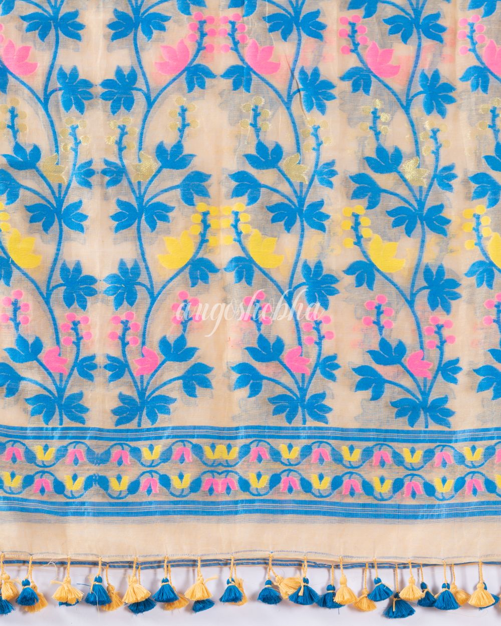 Traditional Tan Creeper Soft Dhakai Jamdani Saree angoshobha