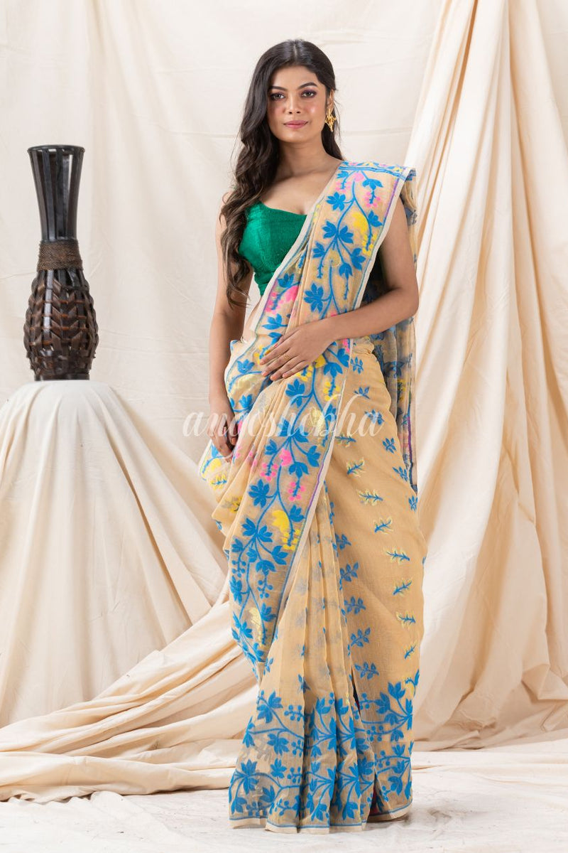 Traditional Tan Creeper Soft Dhakai Jamdani Saree