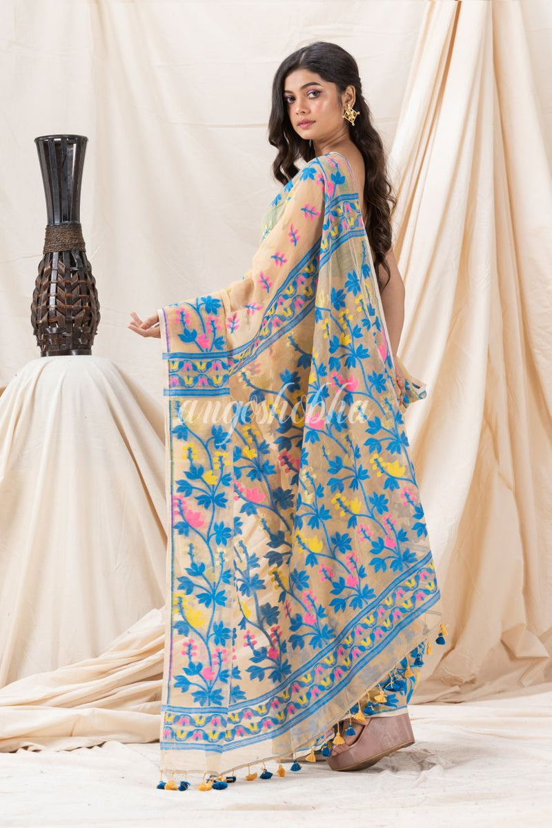 Traditional Tan Creeper Soft Dhakai Jamdani Saree