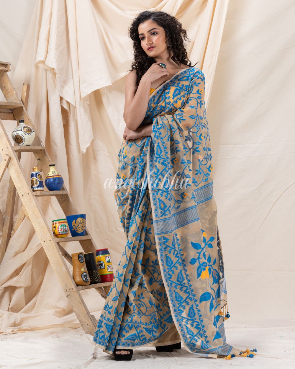 Traditional Tan Soft Dhakai creeper Jamdani Saree angoshobha