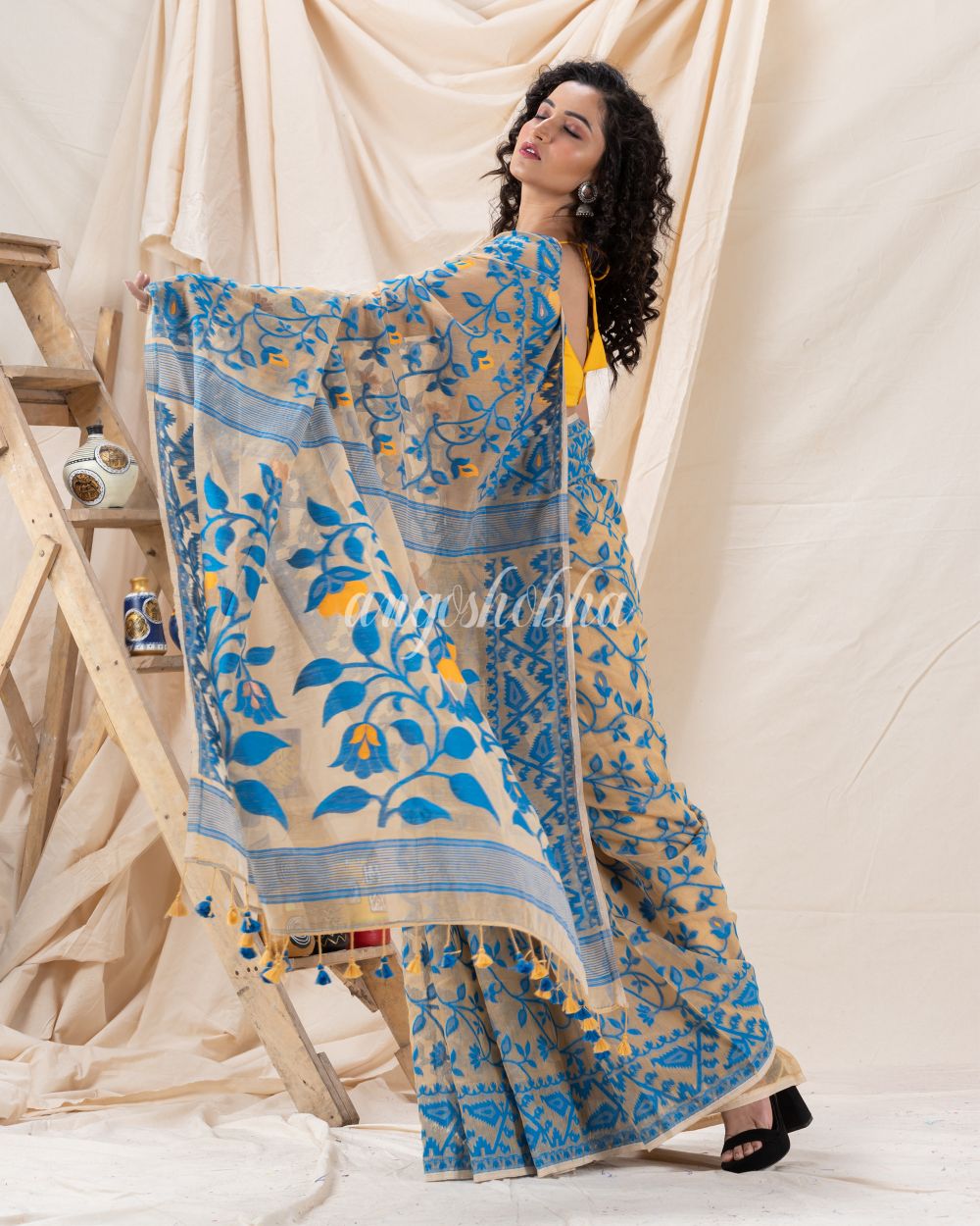 Traditional Tan Soft Dhakai creeper Jamdani Saree angoshobha