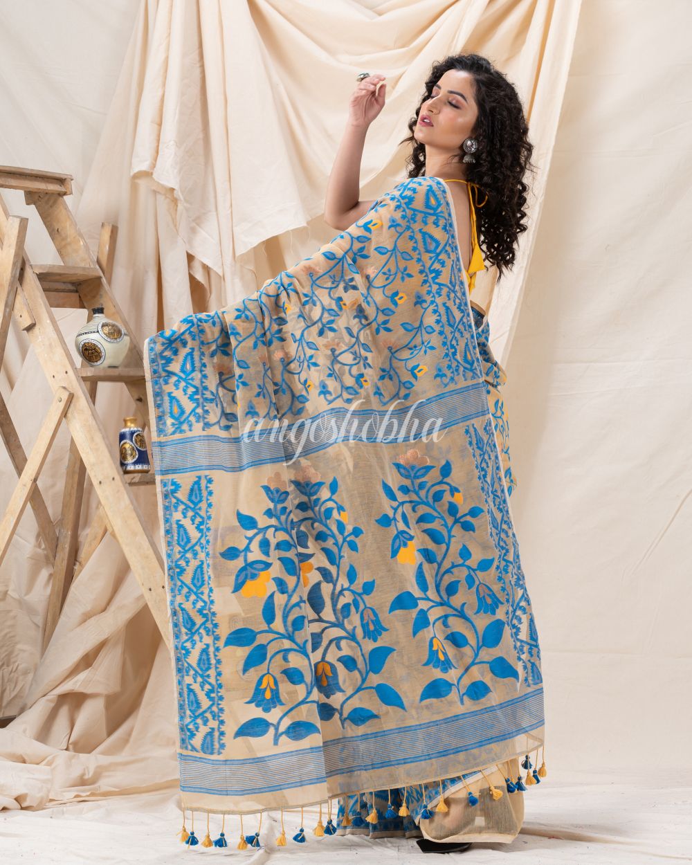 Traditional Tan Soft Dhakai creeper Jamdani Saree angoshobha