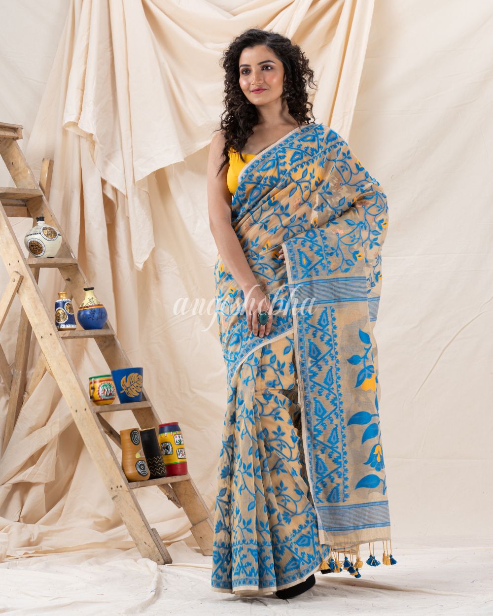 Traditional Tan Soft Dhakai creeper Jamdani Saree angoshobha