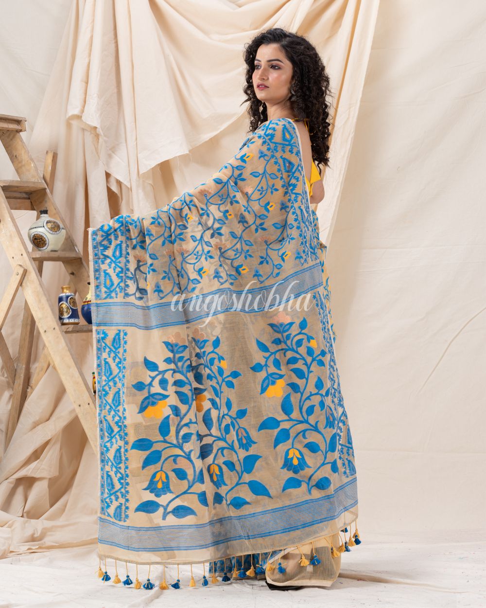 Traditional Tan Soft Dhakai creeper Jamdani Saree angoshobha