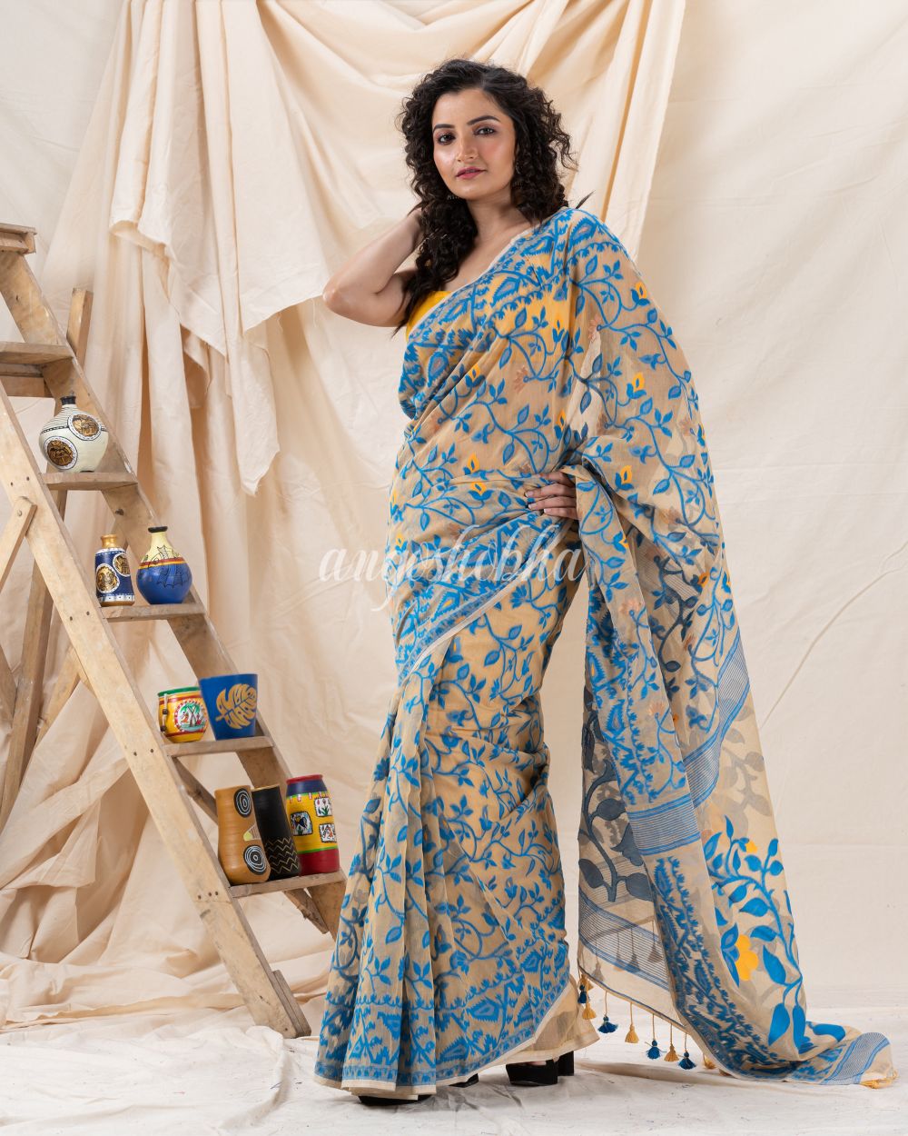 Traditional Tan Soft Dhakai creeper Jamdani Saree angoshobha