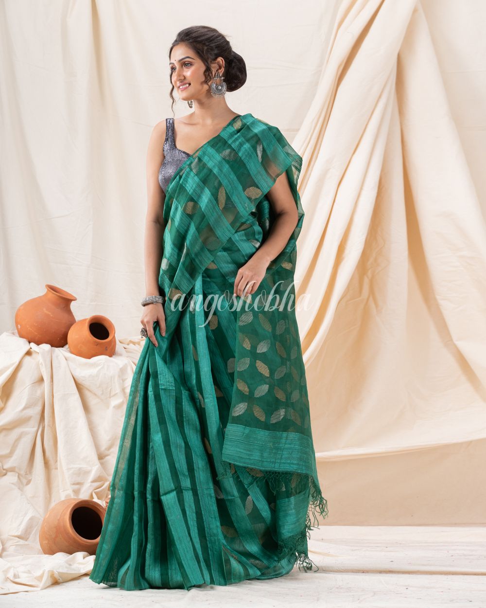 Traditional Teal Matka Silk Soft Sequin Jamdani Saree angoshobha