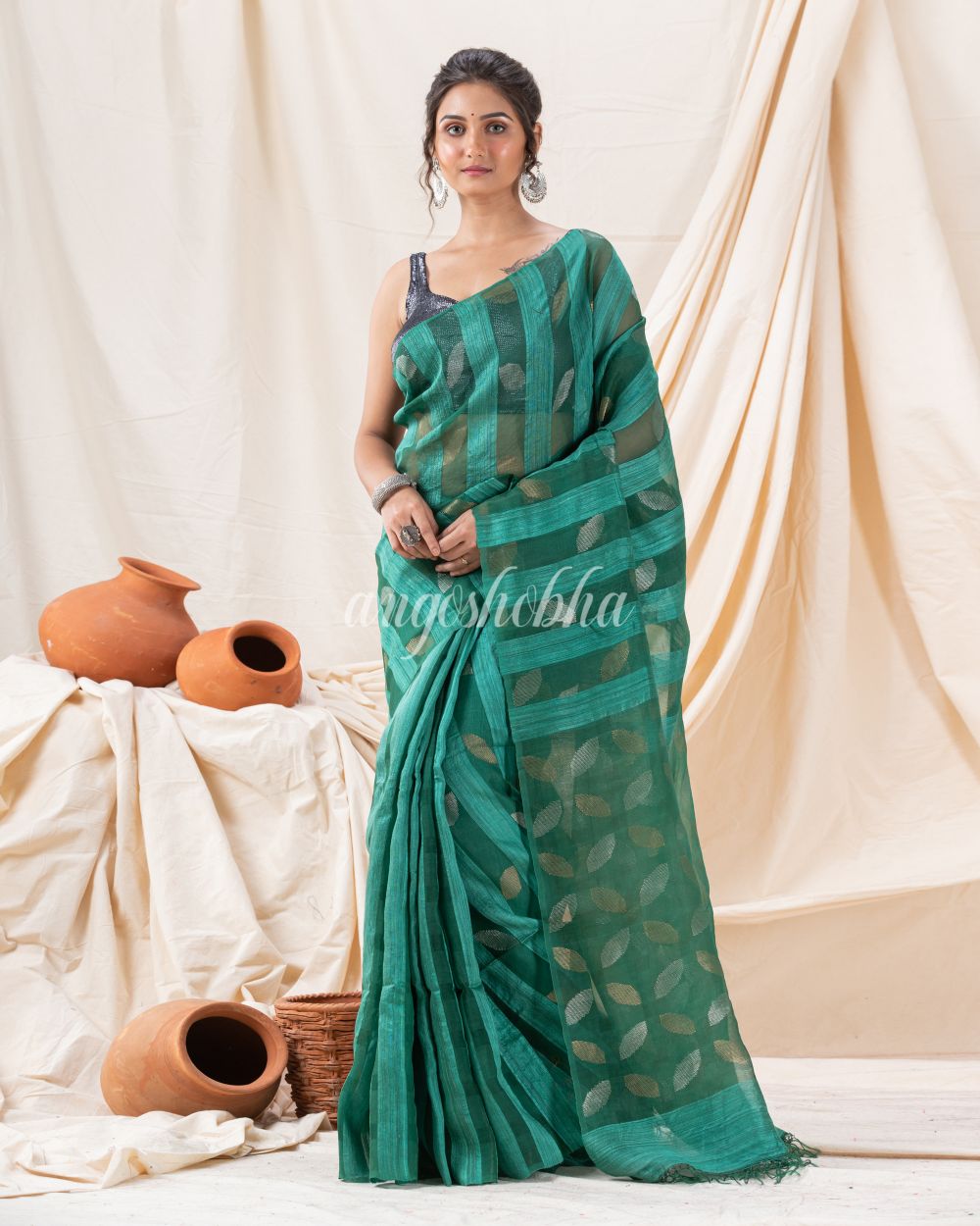 Traditional Teal Matka Silk Soft Sequin Jamdani Saree angoshobha