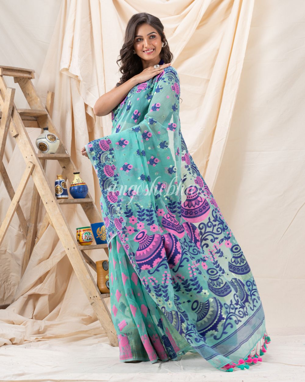 Traditional Turquoise Soft Dhakai Jamdani Saree angoshobha