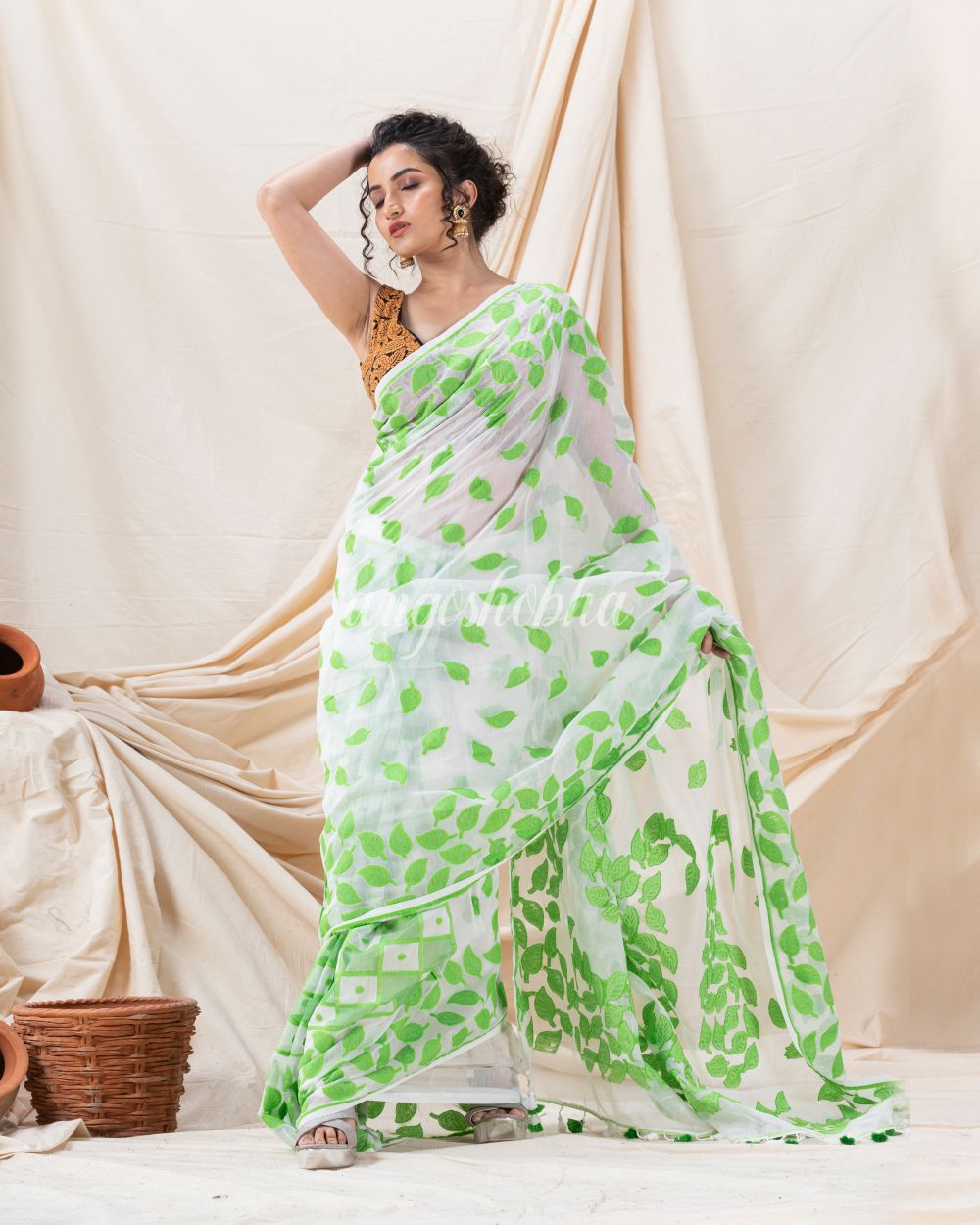 Traditional White Green Leaf Soft Dhakai Jamdani Saree angoshobha