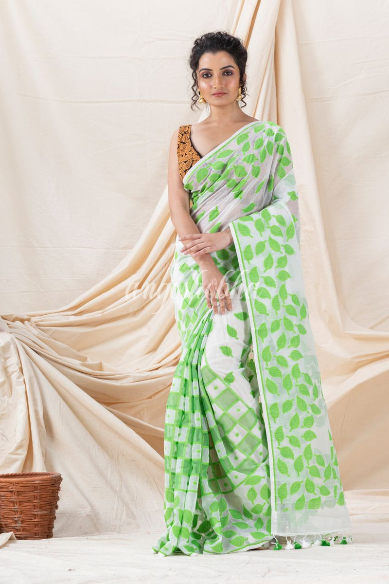 Traditional White Green Leaf Soft Dhakai Jamdani Saree