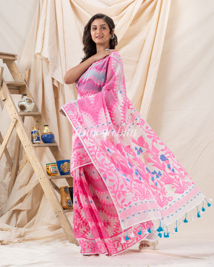 Traditional White Pink Soft Dhakai Creeper Jamdani Saree angoshobha