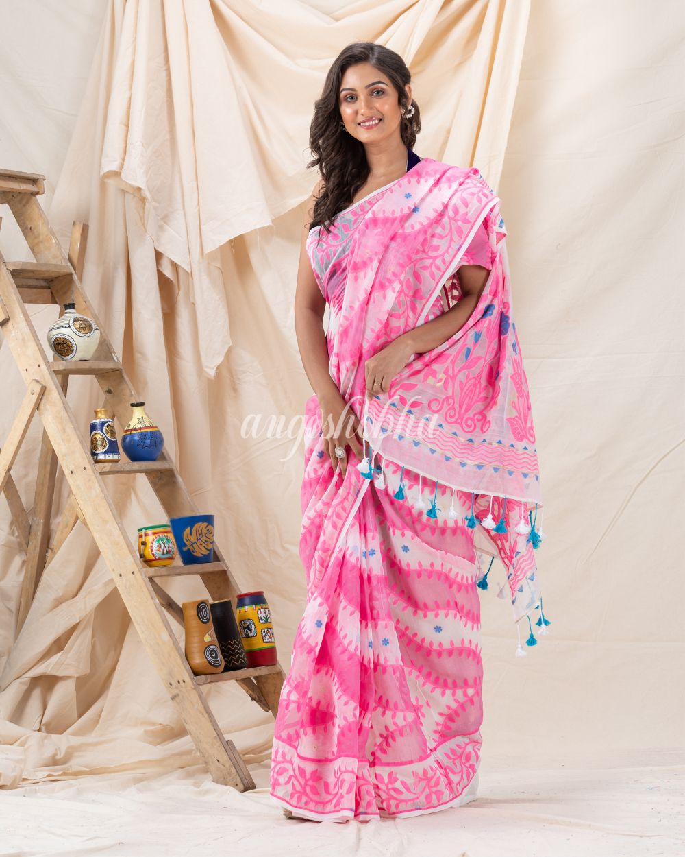 Traditional White Pink Soft Dhakai Creeper Jamdani Saree angoshobha