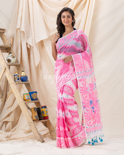 Traditional White Pink Soft Dhakai Creeper Jamdani Saree angoshobha