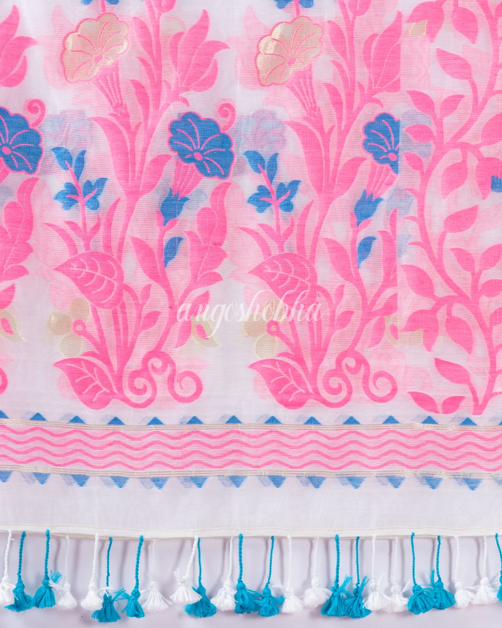 Traditional White Pink Soft Dhakai Creeper Jamdani Saree angoshobha