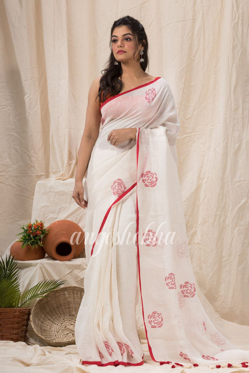Traditional White Red Linen Jamdani Saree