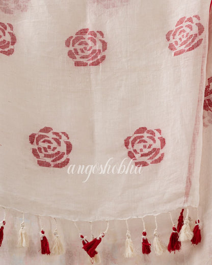 Traditional White Red Linen Jamdani Saree angoshobha