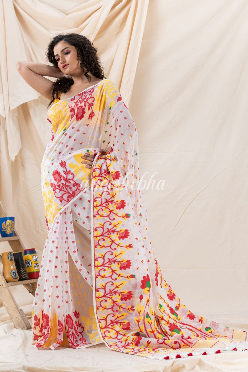 Traditional White Soft Dhakai Creeper Jamdani Saree