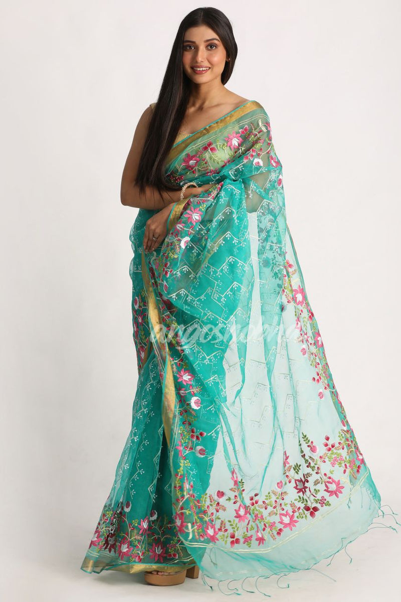 Turquoise Art Silk Muslin Handloom Embroidery Saree