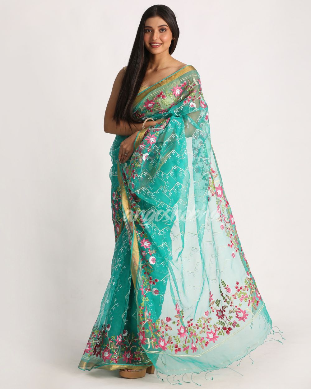Turquoise Art Silk Muslin Handloom Embroidery Saree angoshobha