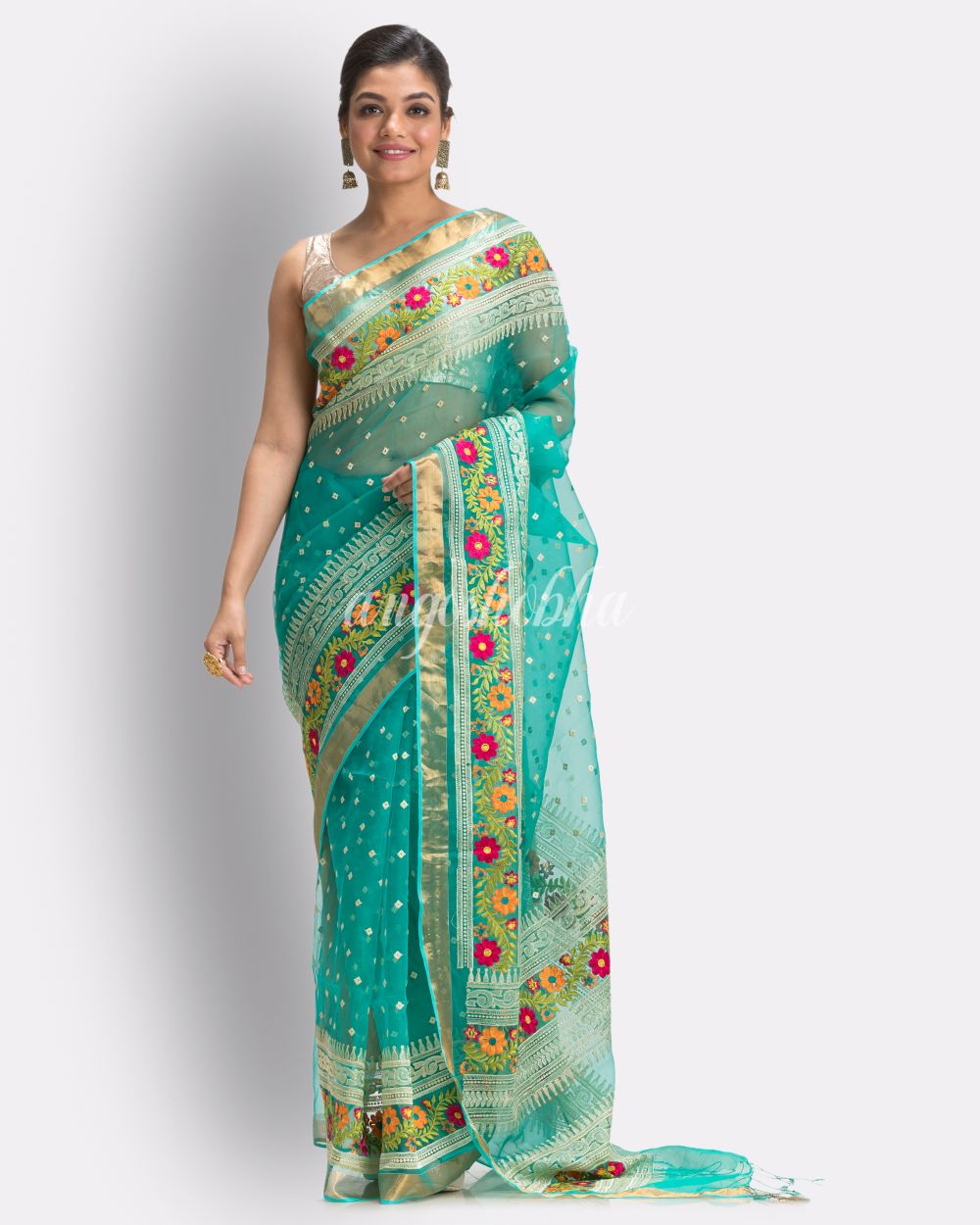 Turquoise Art Silk Muslin Handloom Embroidery Saree angoshobha