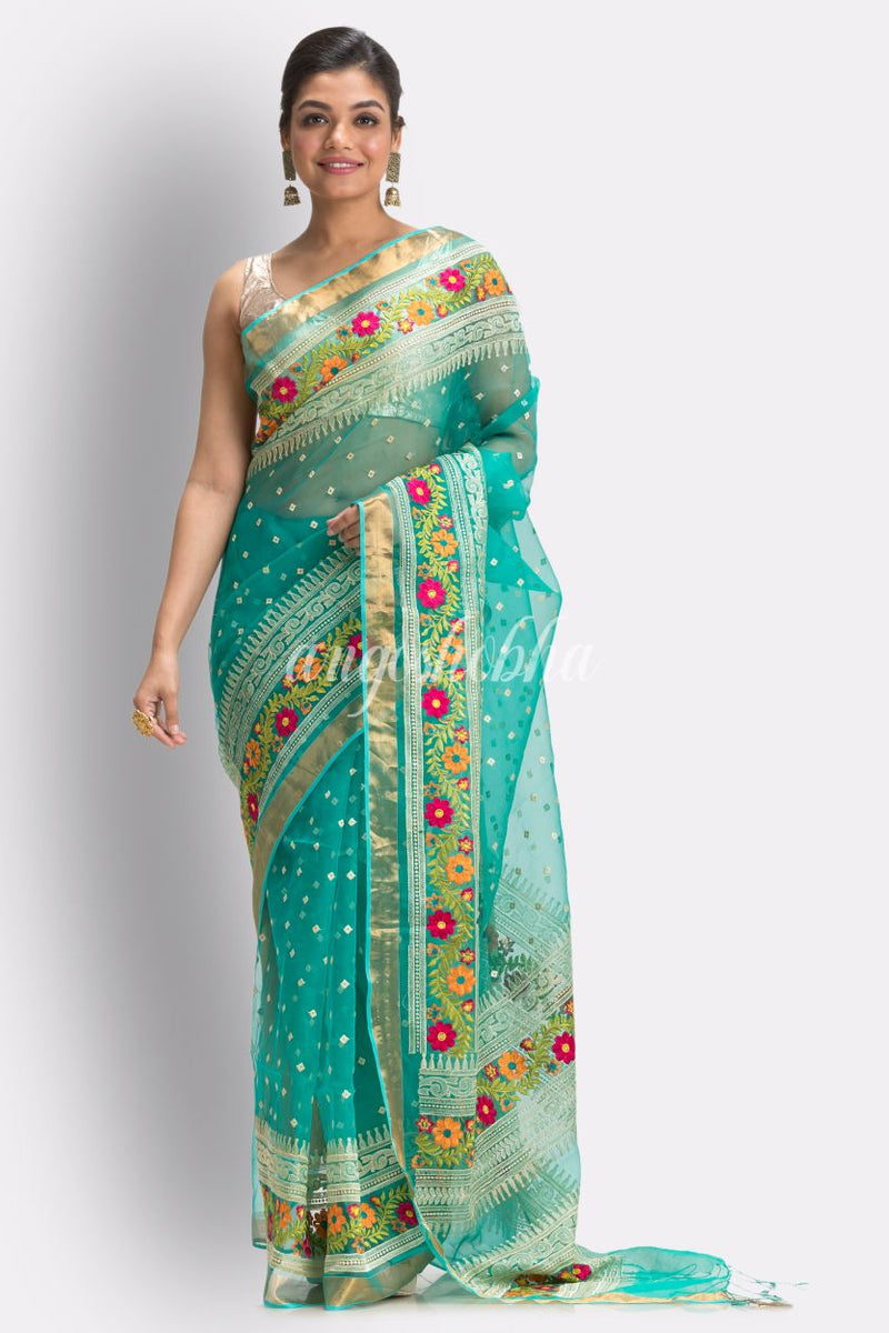 Turquoise Art Silk Muslin Handloom Embroidery Saree