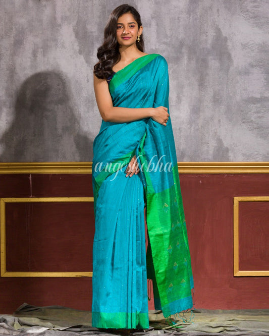 Turquoise Blue Handloom Matka Silk Saree angoshobha