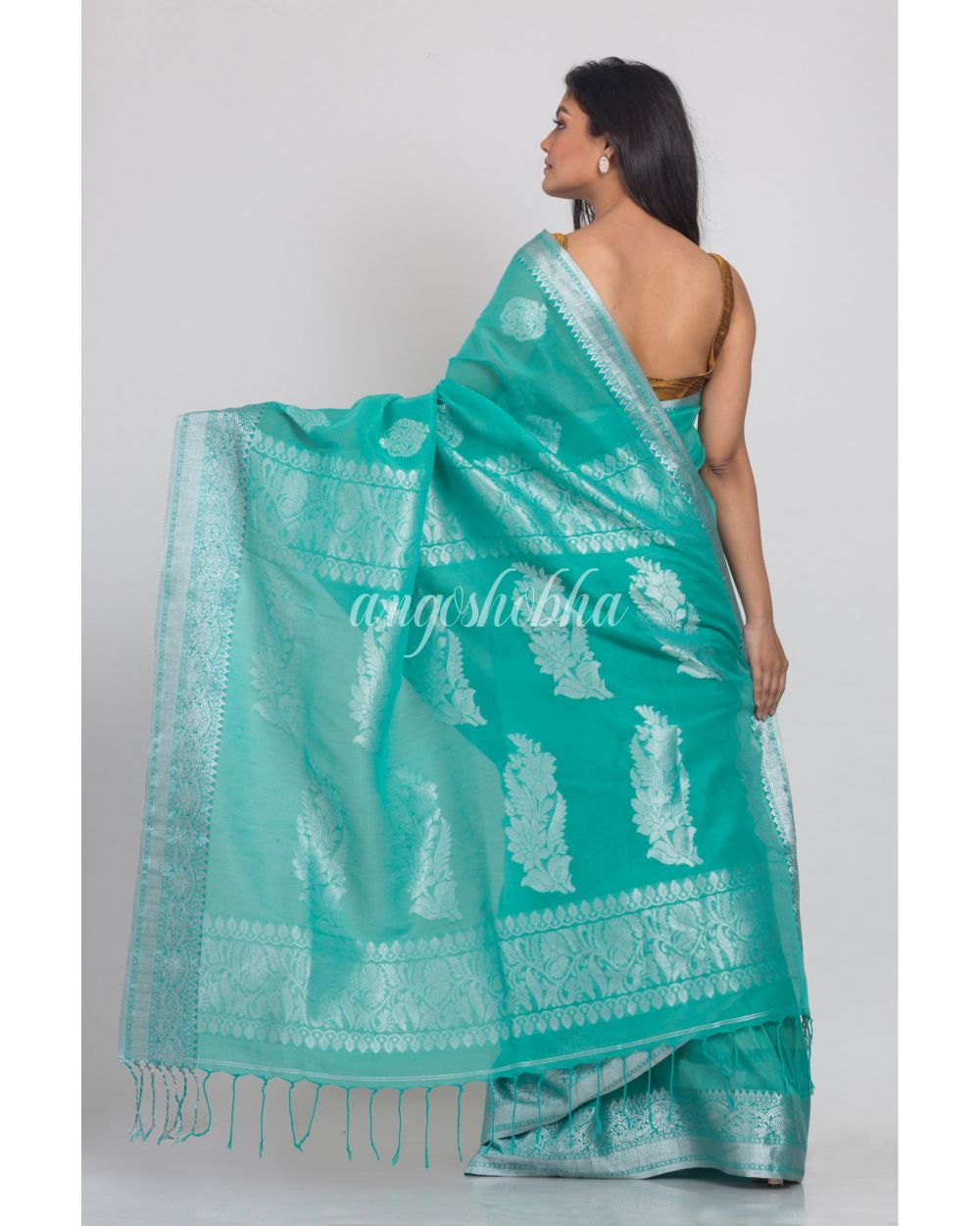 Turquoise Handwoven Linen Saree angoshobha