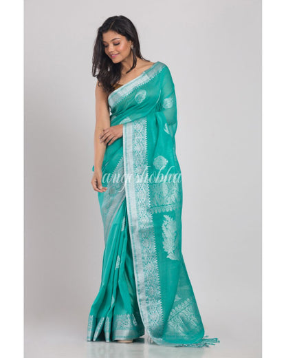 Turquoise Handwoven Linen Saree angoshobha