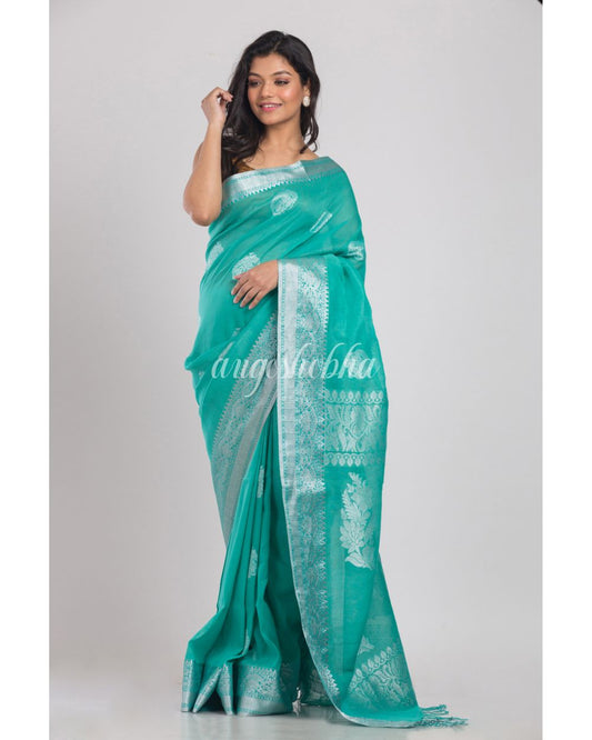 Turquoise Handwoven Linen Saree angoshobha