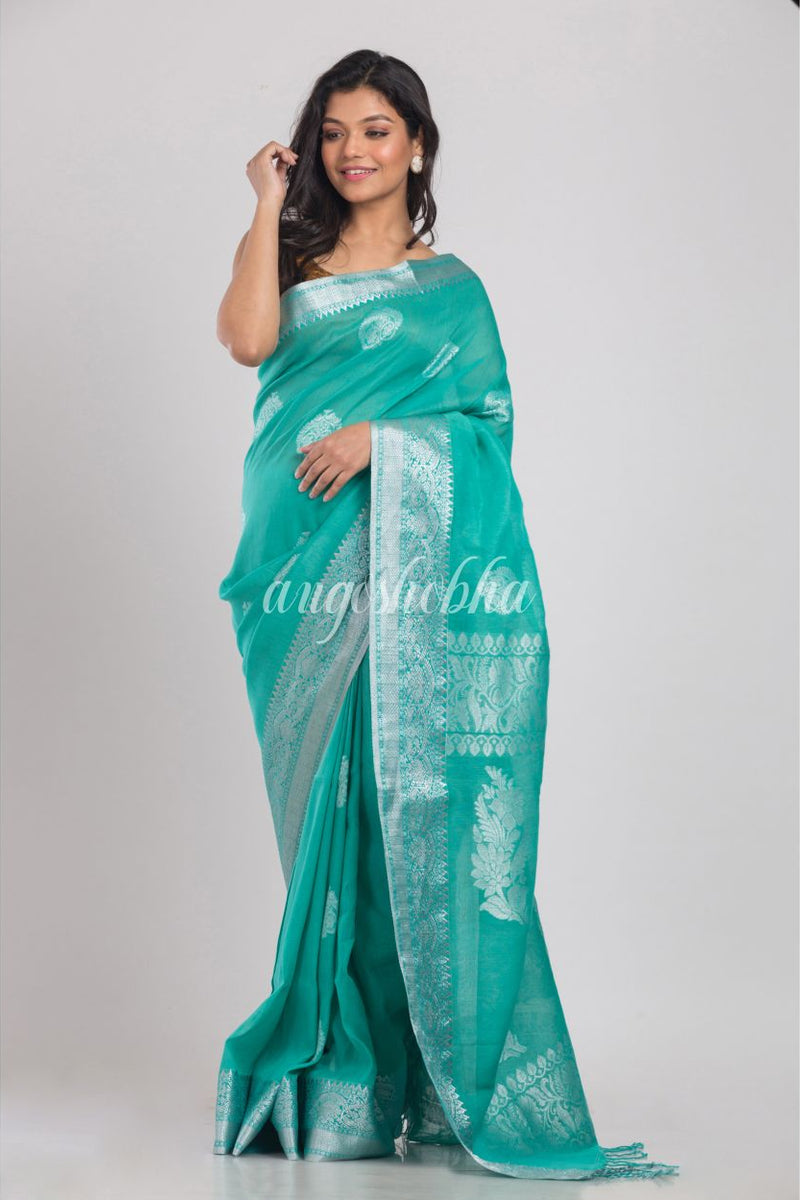 Turquoise Handwoven Linen Saree