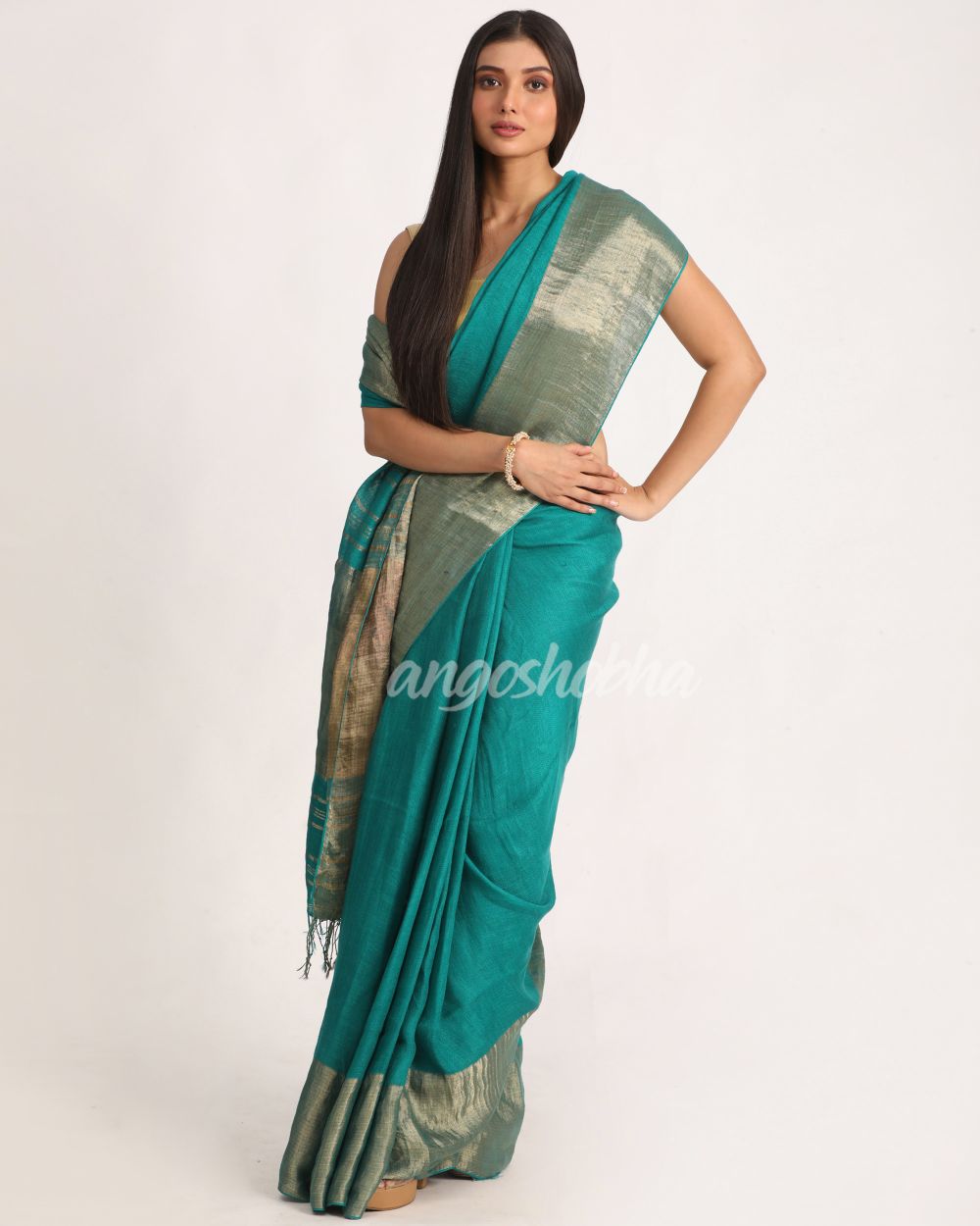 Turquoise Traditional Handloom Linen Saree angoshobha