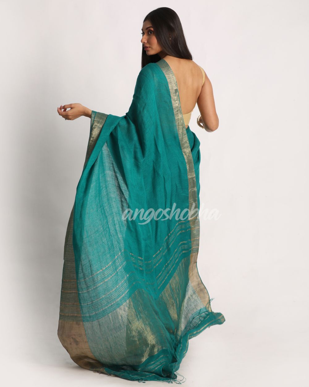 Turquoise Traditional Handloom Linen Saree angoshobha