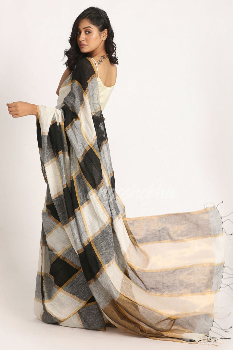 White Black Traditional Check Linen Handloom Saree
