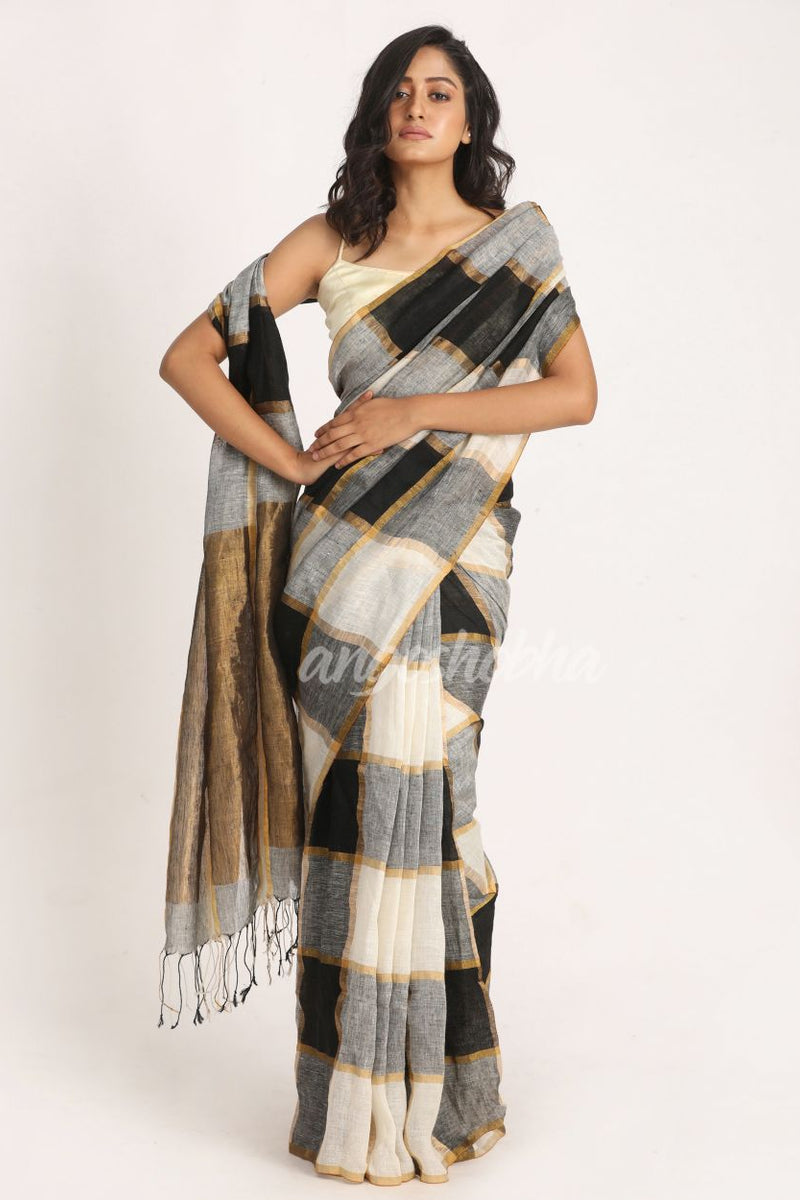 White Black Traditional Check Linen Handloom Saree